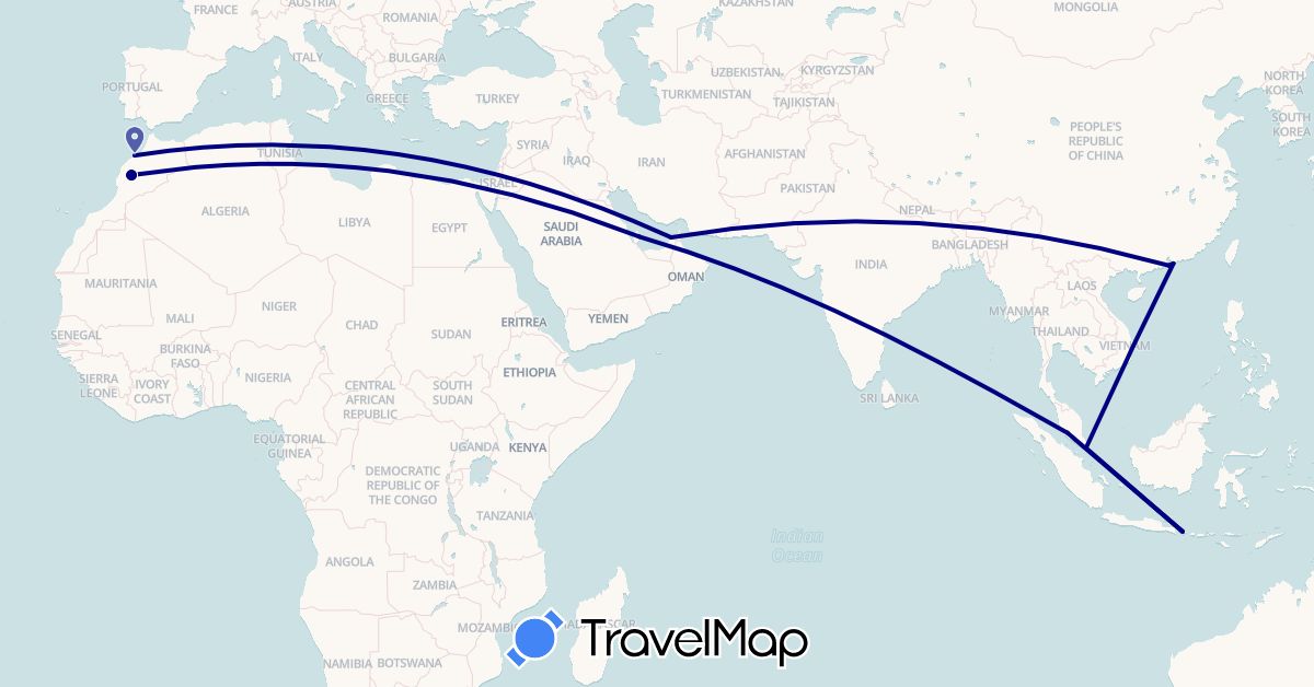 TravelMap itinerary: driving in United Arab Emirates, Hong Kong, Indonesia, Morocco, Macau, Malaysia, Qatar, Singapore (Africa, Asia)